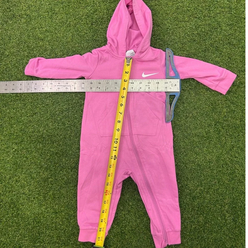 Nike Baby Girls Pink Hooded Fleece Romper Coverall 12M Swoosh Logo Zip Up‎